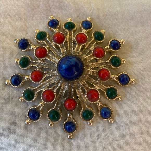 Vintage Gold Brooch with Red,‎ Blue, and Green Cabochon Stones Starburst - Picture 1 of 7